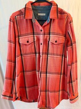 Outerknown Coral and Black Plaid Button-Down Shirt